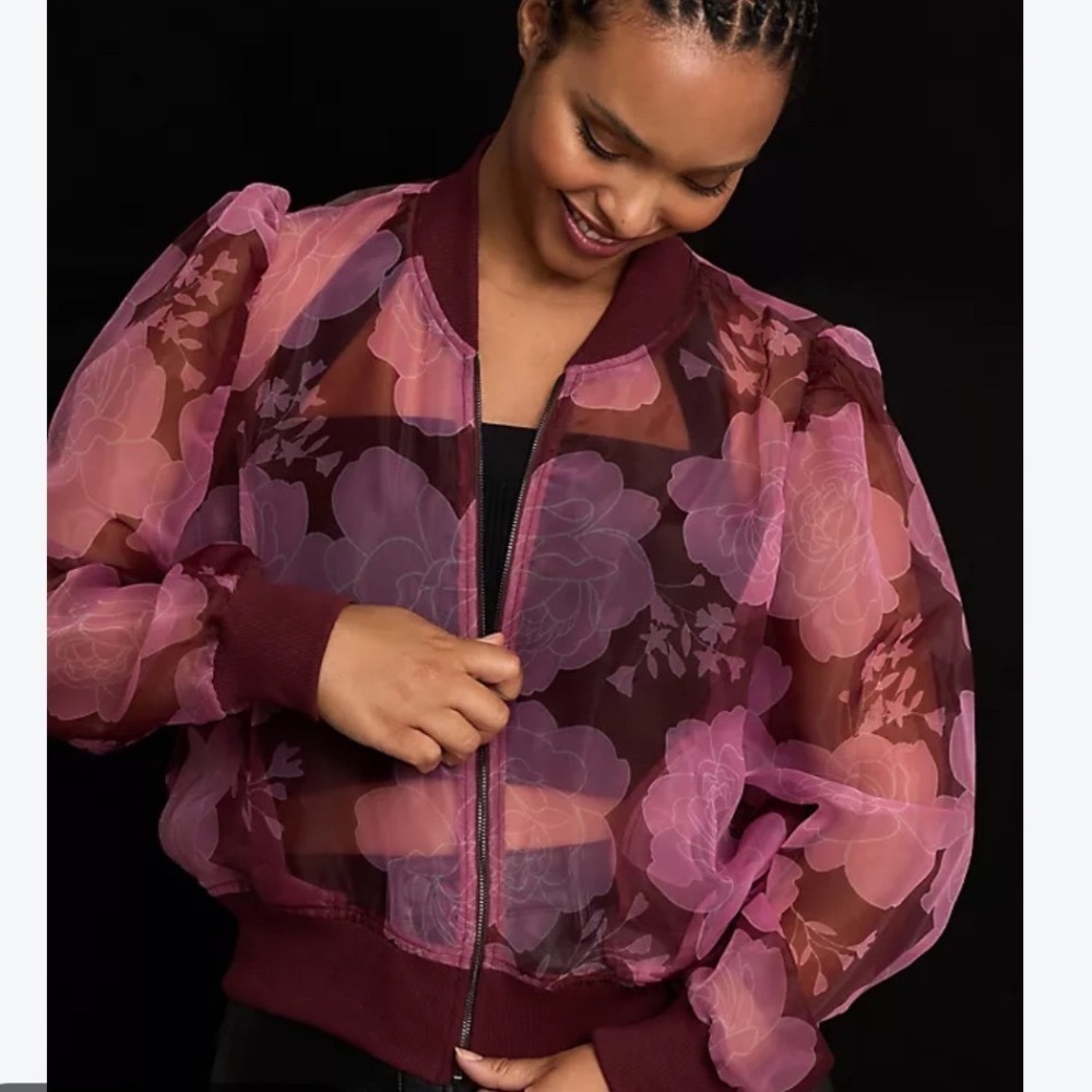 Dolan Bomber Jacket Women Medium Burgundy Sheer Floral Organza Puff Sleeve